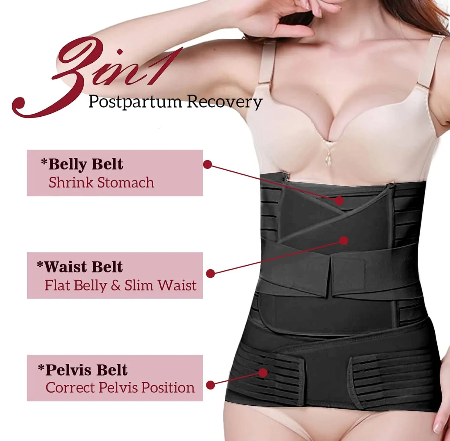 3 in 1 Postpartum Belly Band Post C section Support Recovery Belt After Birth Brace Waist Pelvis Wrap Postnatal Slimming Girdle Black XL