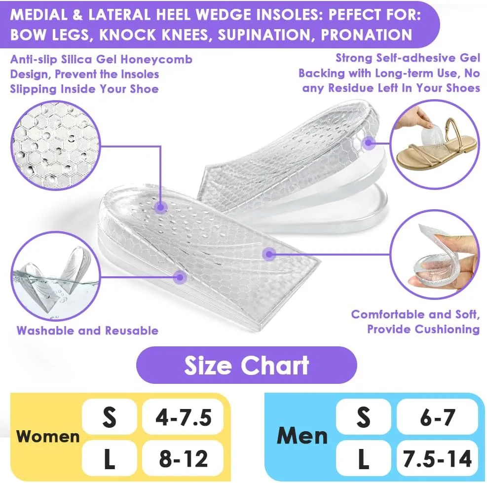 3 Layers Adjustable Supination Overpronation Insoles, Anti-Slip Medial Lateral Heel Wedge Insoles for Foot Alignment, Knee Pain, Bow Legs, Osteoarthritis (Clear, S: W 4-7.5/ M 6-7)