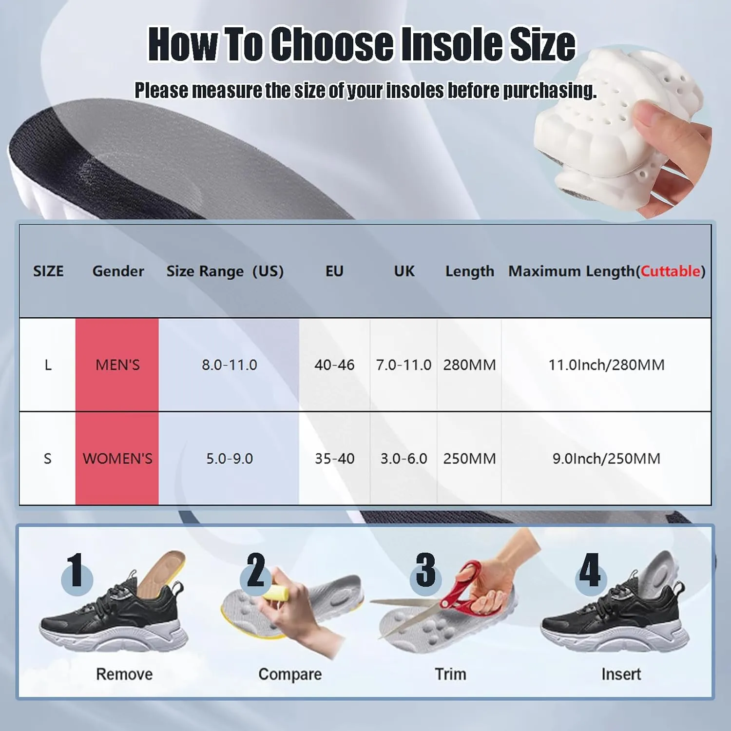 4D Cloud Height Increase Insoles for Men Wowen - Cloud Tech Insole, Soft Memory Foam Insoles, Comfort Steppers Height Increase Insoles Trim to Fit for Men Women (Black, 1-in US Women 5-9)