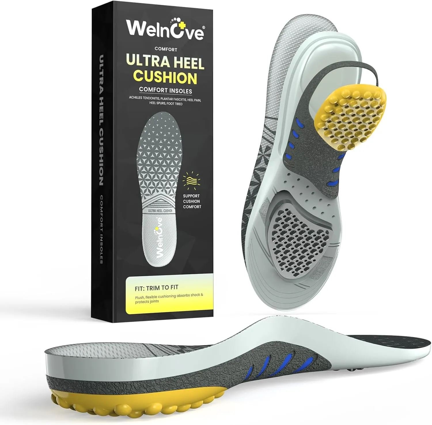 Achilles Tendonitis Inserts for Heel Pain Relief Men Women - Welnove Plantar Fasciitis Insoles with Medium Arch Support for Walking, Hiking, and Standing on Feet All-Day, S-W: 7-9 | M: 7-7.5
