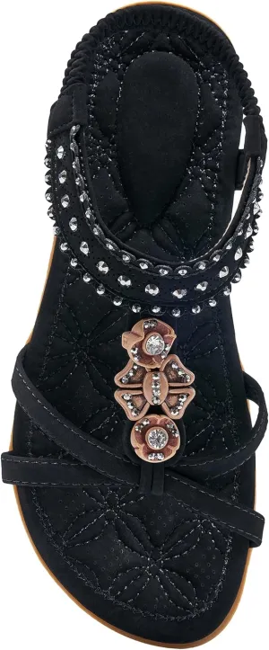Alicegana Womens Sandals Shoes Comfort Walking with Non Slip on Casual Summer Beach Shoes Dress Ankle Elastic Jeweled Bohemian Flats