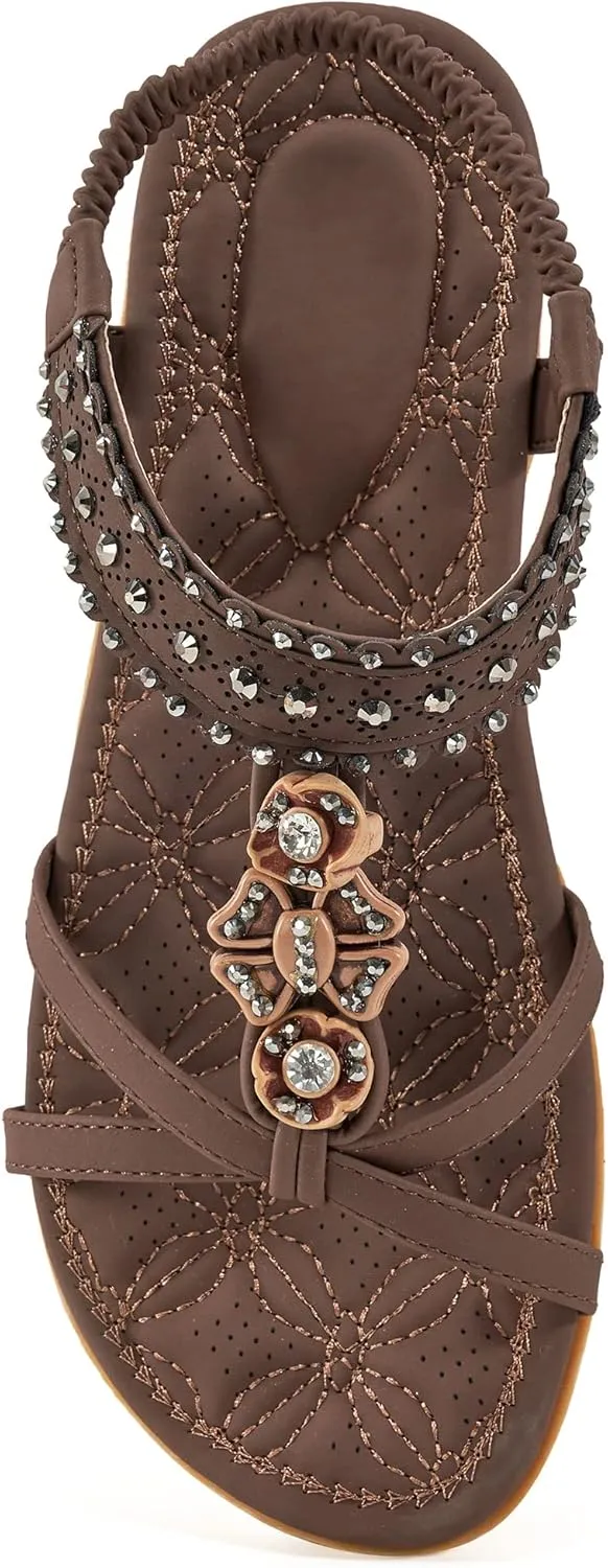 Alicegana Womens Sandals Shoes Comfort Walking with Non Slip on Casual Summer Beach Shoes Dress Ankle Elastic Jeweled Bohemian Flats