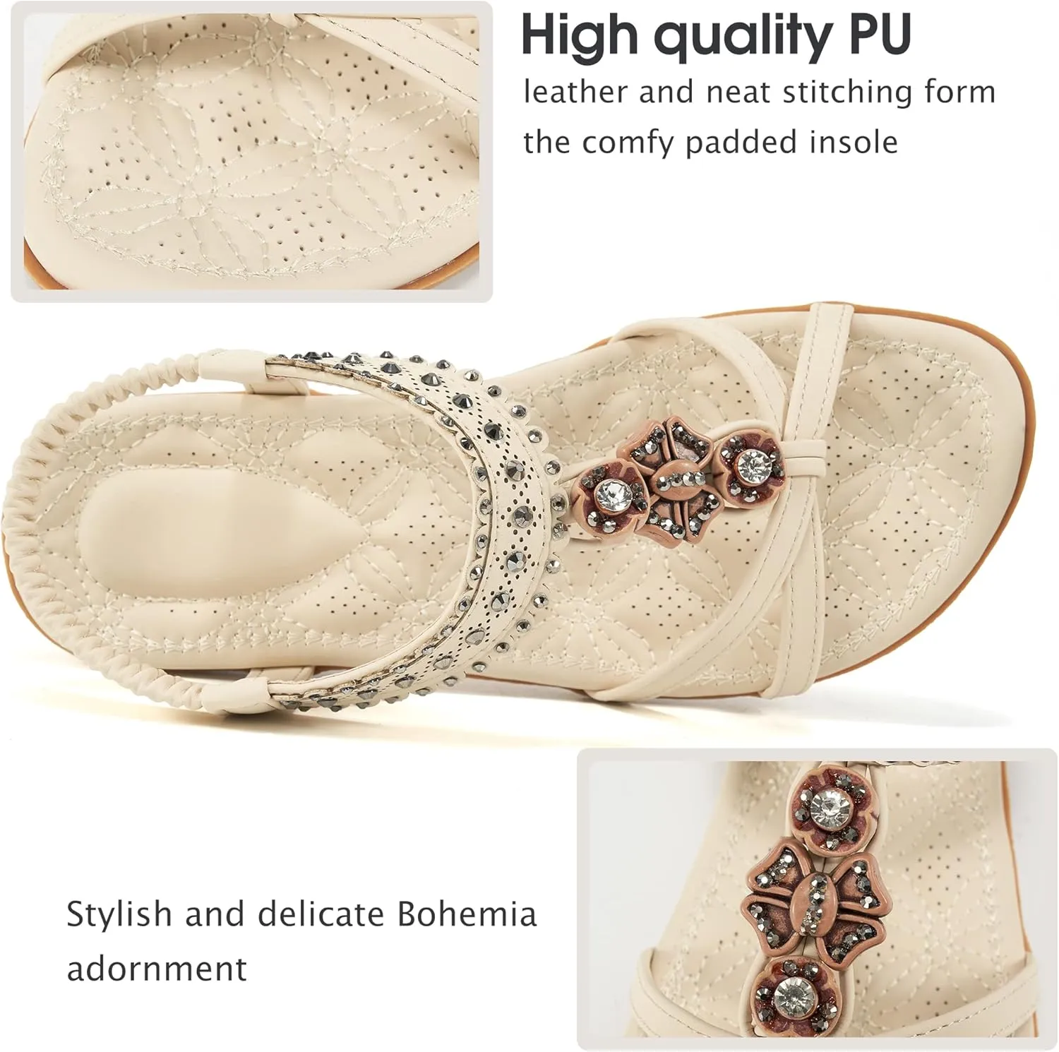 Alicegana Womens Sandals Shoes Comfort Walking with Non Slip on Casual Summer Beach Shoes Dress Ankle Elastic Jeweled Bohemian Flats