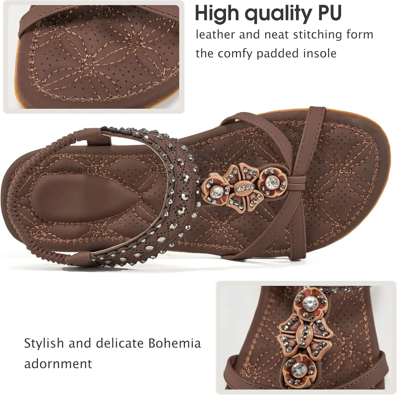 Alicegana Womens Sandals Shoes Comfort Walking with Non Slip on Casual Summer Beach Shoes Dress Ankle Elastic Jeweled Bohemian Flats