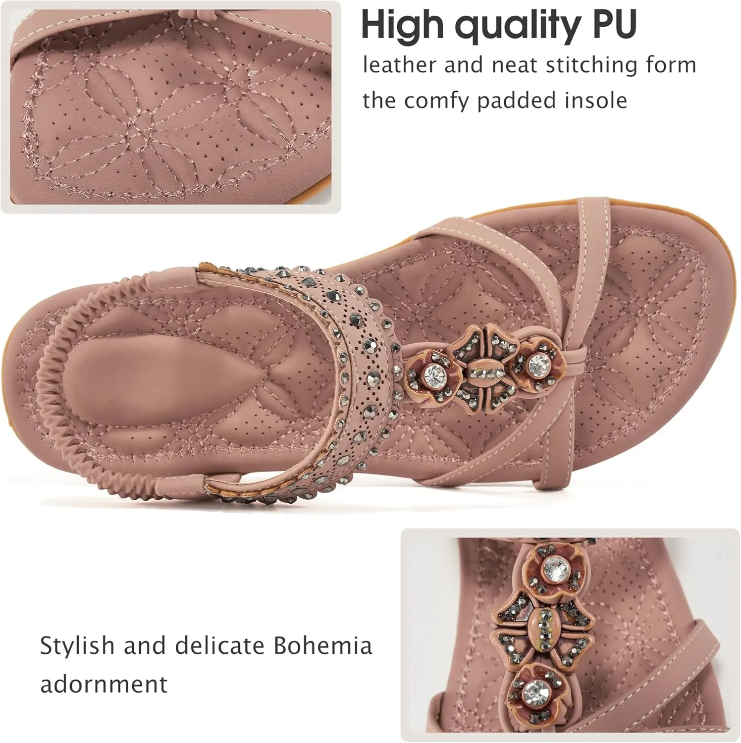 Alicegana Womens Sandals Shoes Comfort Walking with Non Slip on Casual Summer Beach Shoes Dress Ankle Elastic Jeweled Bohemian Flats