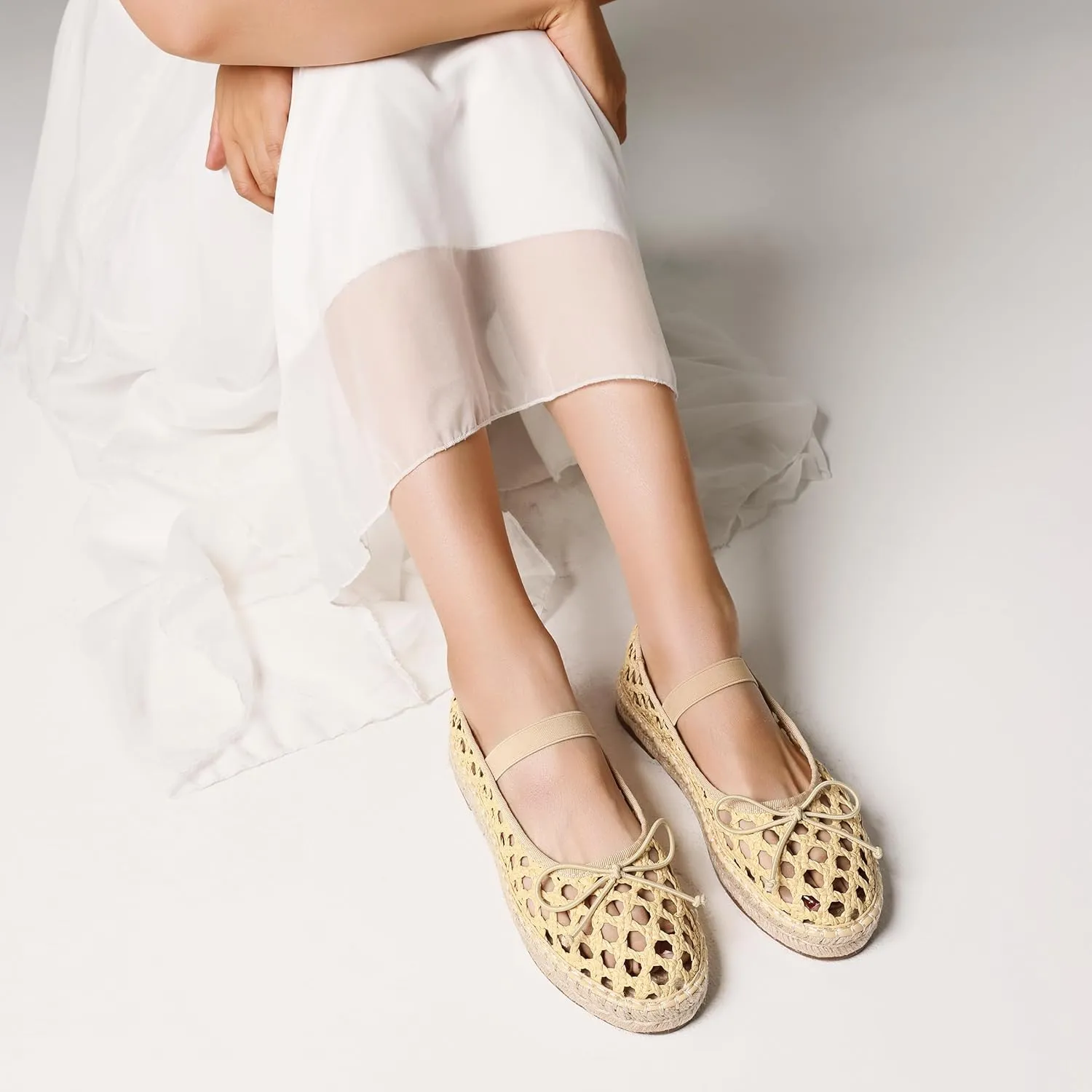 AMINUGAL Mesh Ballet Flats Shoes for Women Round Toe Platform Mary Janes Elastic Espadrilles White Mesh Shoe Woman Dressy Comfortable Ballerina
