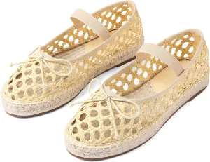 AMINUGAL Mesh Ballet Flats Shoes for Women Round Toe Platform Mary Janes Elastic Espadrilles White Mesh Shoe Woman Dressy Comfortable Ballerina