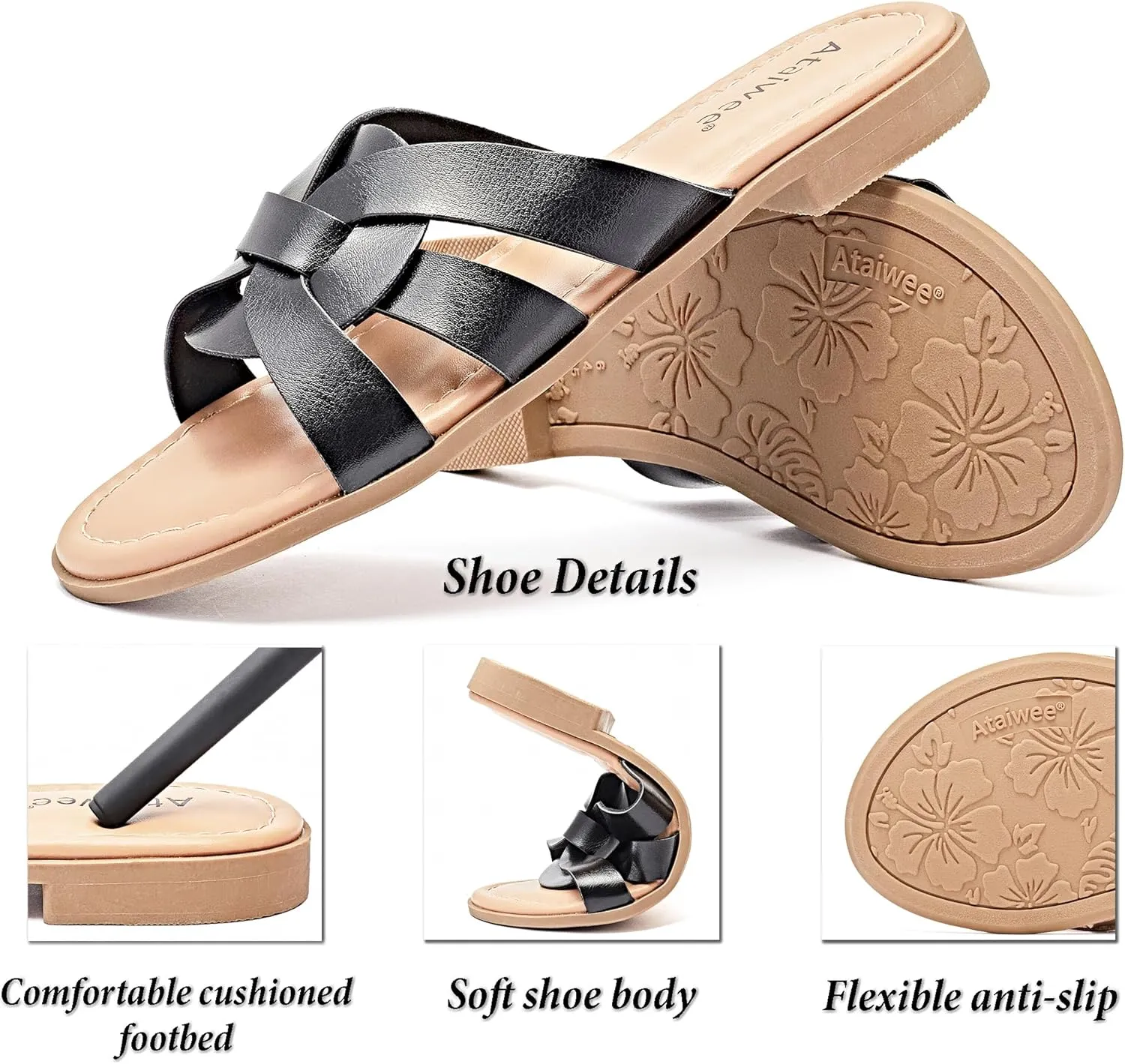 Ataiwee Women's Flat Slide Sandals - Ladies Casual Slip On Criss Cross Strap Summer Shoes.