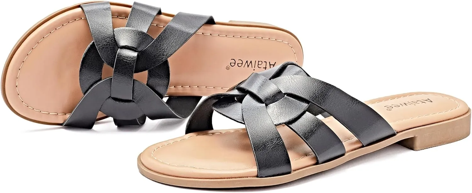 Ataiwee Women's Flat Slide Sandals - Ladies Casual Slip On Criss Cross Strap Summer Shoes.