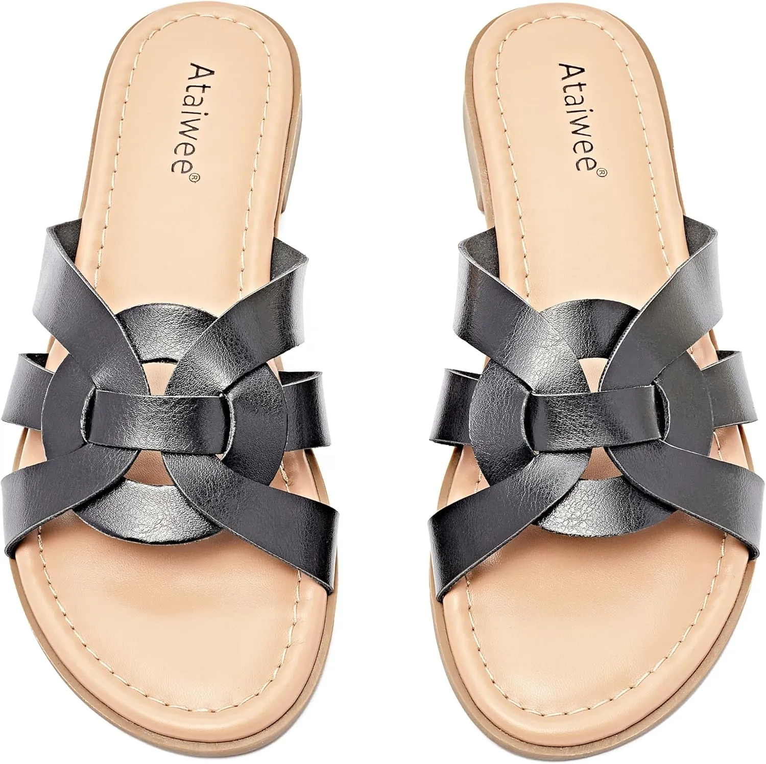 Ataiwee Women's Flat Slide Sandals - Ladies Casual Slip On Criss Cross Strap Summer Shoes.