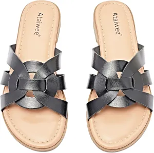 Ataiwee Women's Flat Slide Sandals - Ladies Casual Slip On Criss Cross Strap Summer Shoes.
