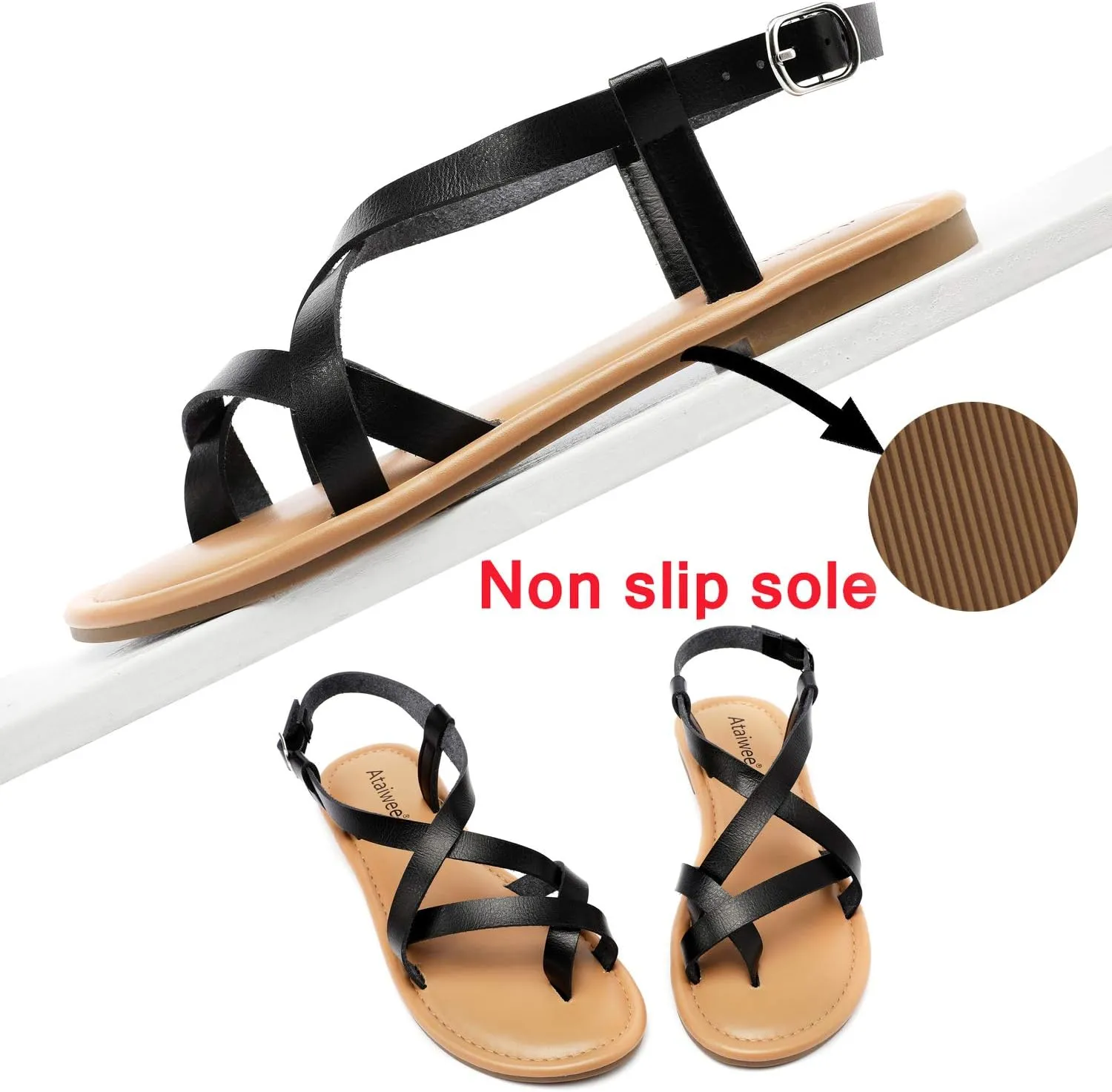 Ataiwee Women's Slide Flat Sandals - Comfortable Slip On Plait Toe Thong Strappy Spring Summer Shoes.