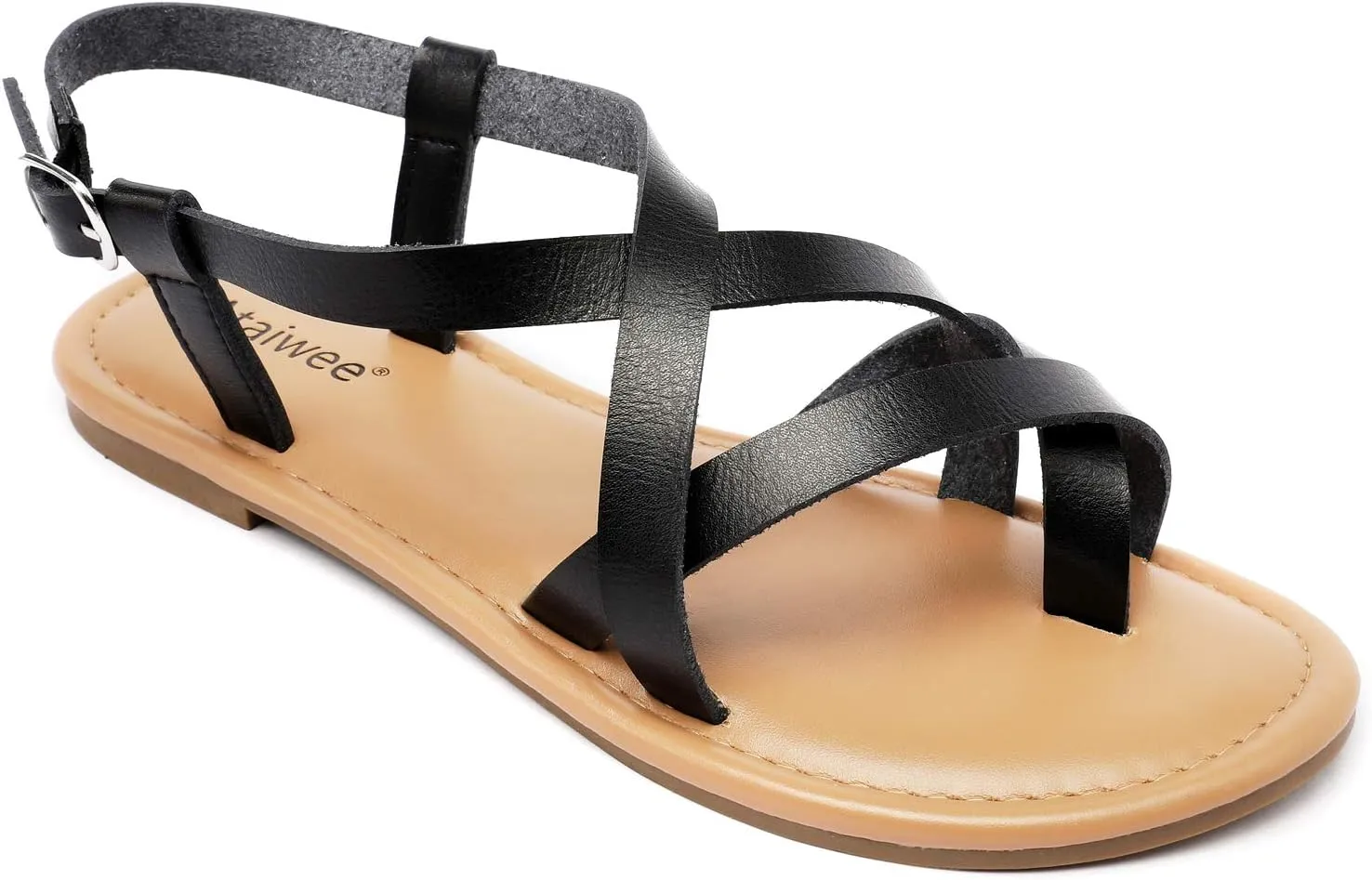 Ataiwee Women's Slide Flat Sandals - Comfortable Slip On Plait Toe Thong Strappy Spring Summer Shoes.