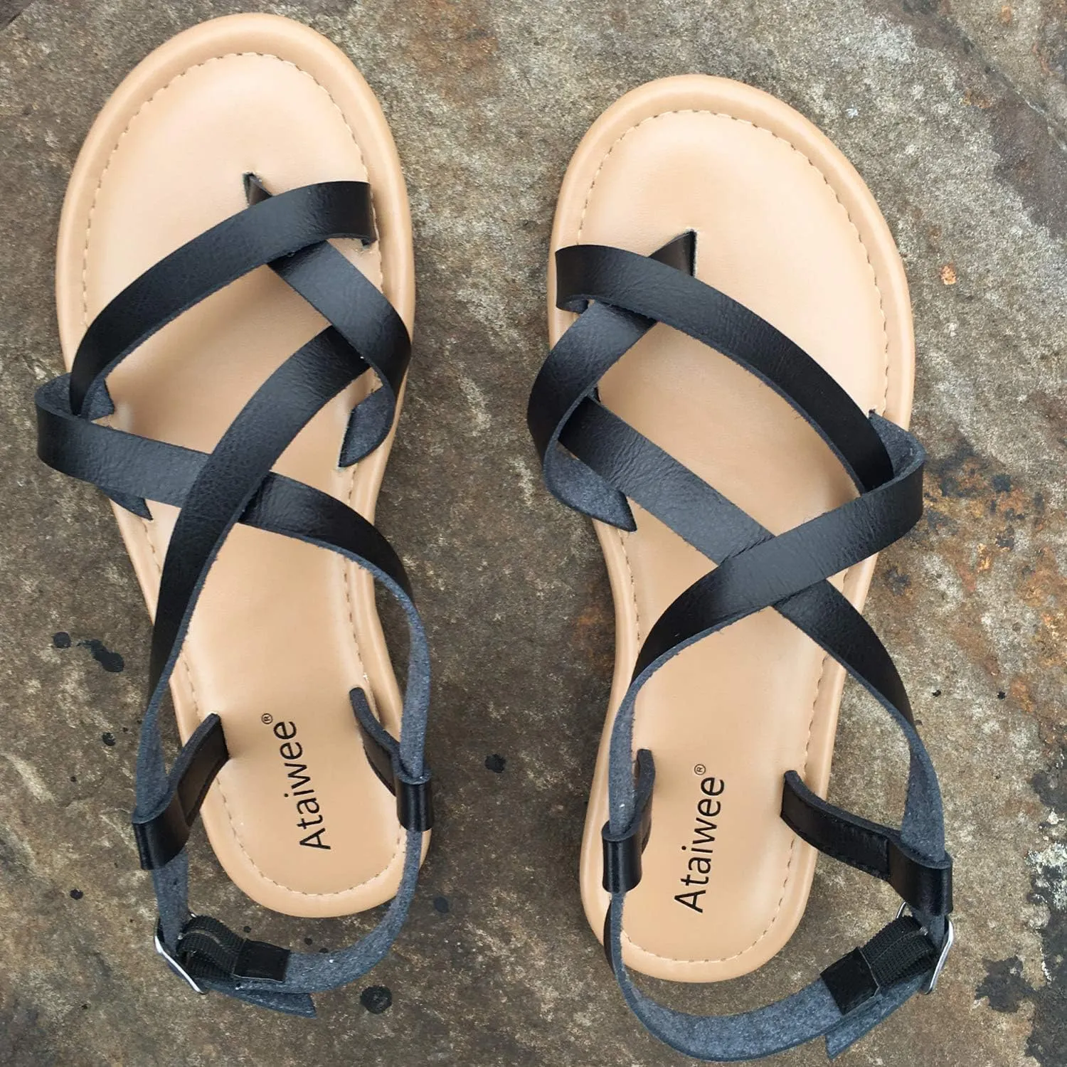 Ataiwee Women's Slide Flat Sandals - Comfortable Slip On Plait Toe Thong Strappy Spring Summer Shoes.