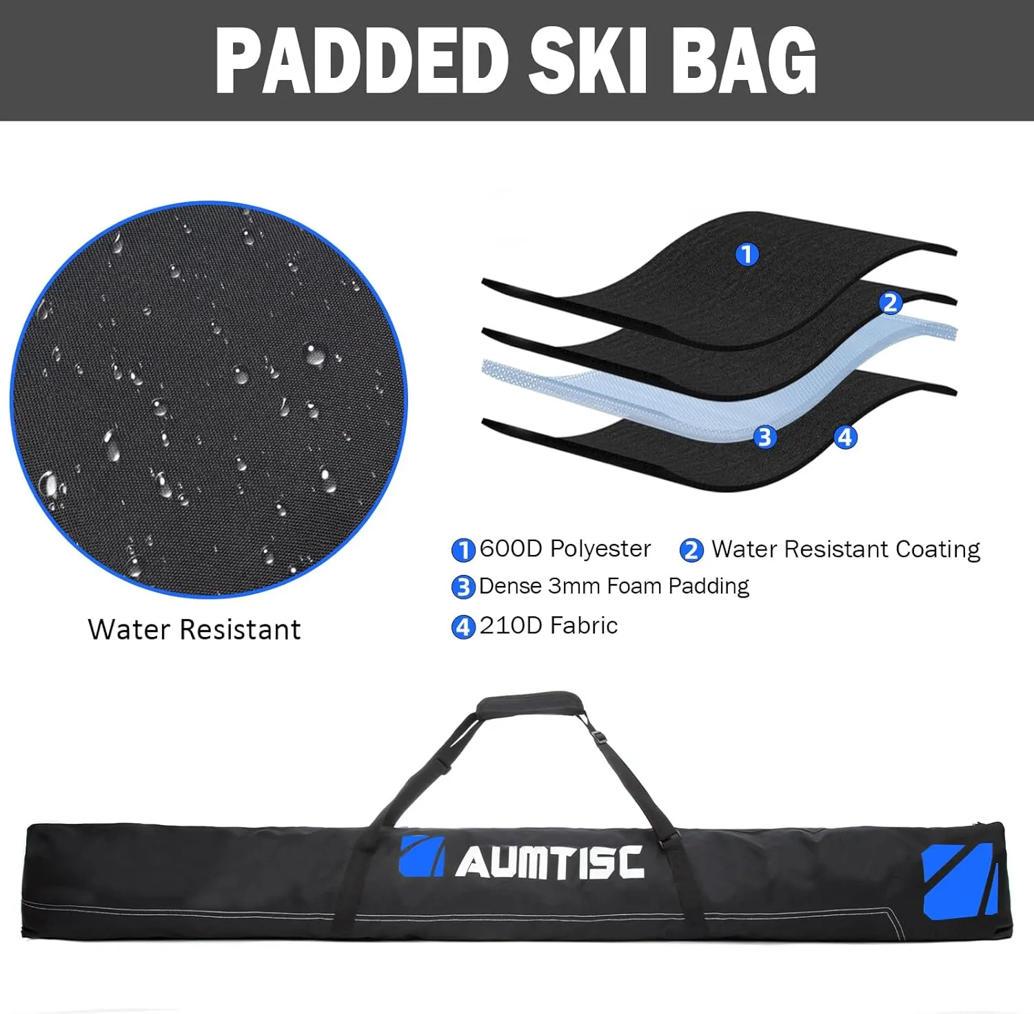 AUMTISC Ski Bag and Boot Bag Combo, Padded Ski Bags for Air Travel Flying, Adjustable Length for Skis Up to 200 cm and Boots Up to Size 13
