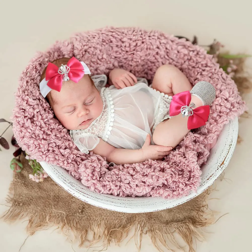 Baby Girls Mary Jane Flats with Bowknot Flowers with Headband Set, Crystal Newborn Shoes for Newborns, Infants, Babies, and Toddlers， Newborn Photography Props