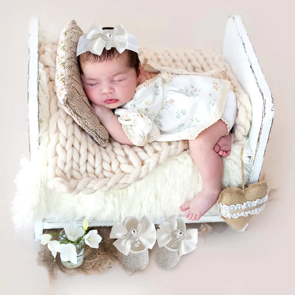 Baby Girls Mary Jane Flats with Bowknot Flowers with Headband Set, Crystal Newborn Shoes for Newborns, Infants, Babies, and Toddlers， Newborn Photography Props