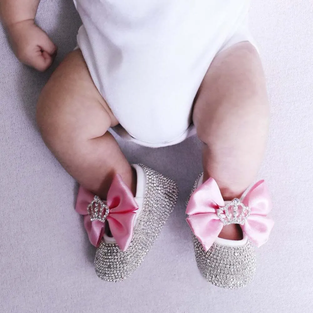 Baby Girls Mary Jane Flats with Bowknot Flowers with Headband Set, Crystal Newborn Shoes for Newborns, Infants, Babies, and Toddlers， Newborn Photography Props