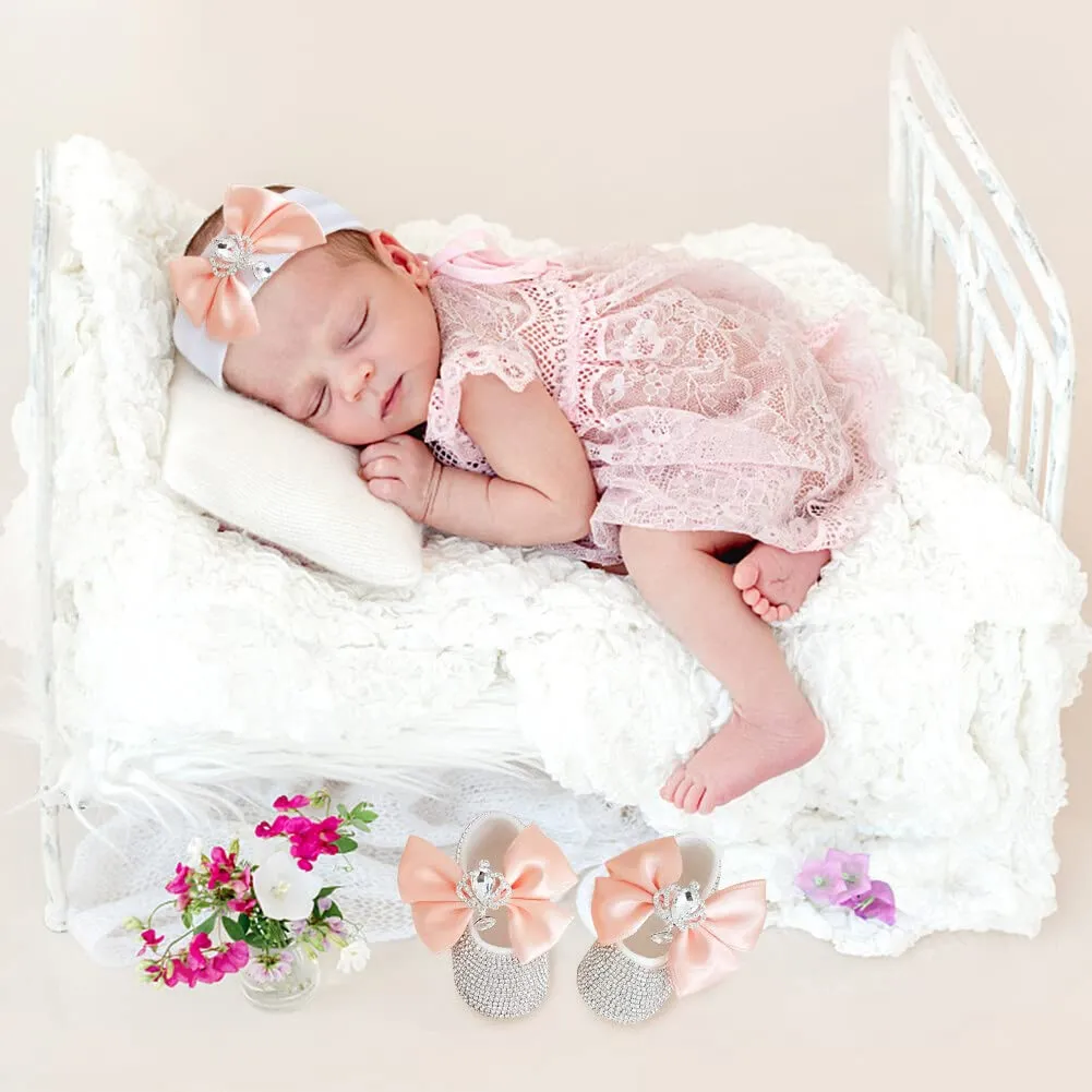 Baby Girls Mary Jane Flats with Bowknot Flowers with Headband Set, Crystal Newborn Shoes for Newborns, Infants, Babies, and Toddlers， Newborn Photography Props