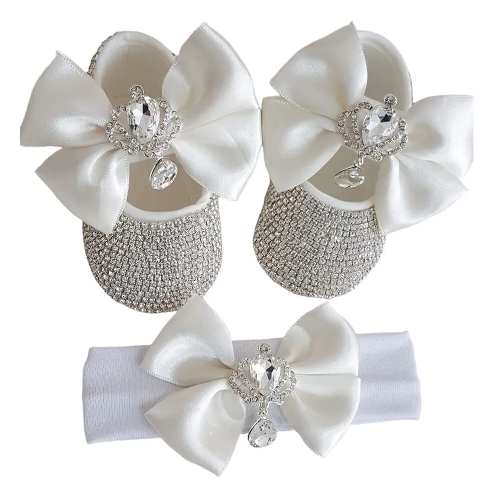 Baby Girls Mary Jane Flats with Bowknot Flowers with Headband Set, Crystal Newborn Shoes for Newborns, Infants, Babies, and Toddlers， Newborn Photography Props