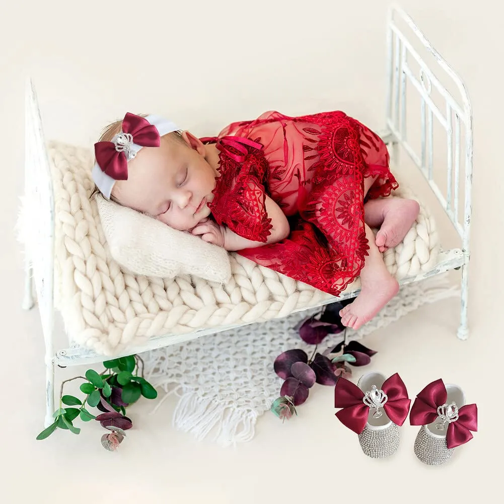 Baby Girls Mary Jane Flats with Bowknot Flowers with Headband Set, Crystal Newborn Shoes for Newborns, Infants, Babies, and Toddlers， Newborn Photography Props