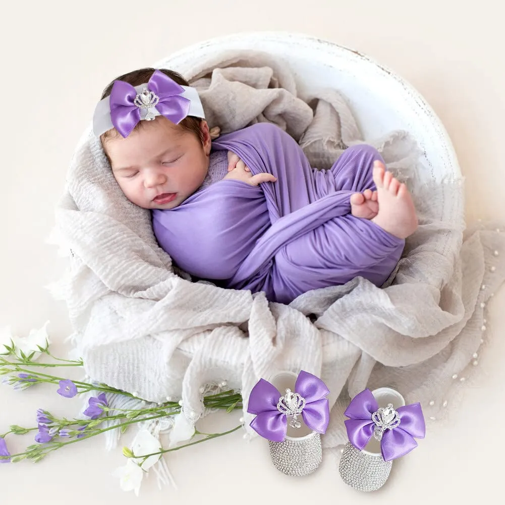 Baby Girls Mary Jane Flats with Bowknot Flowers with Headband Set, Crystal Newborn Shoes for Newborns, Infants, Babies, and Toddlers， Newborn Photography Props