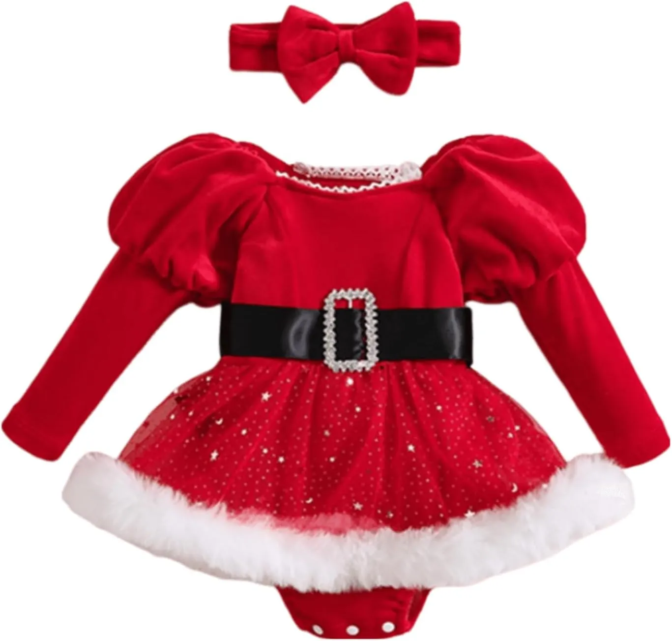 Baby Girls Romper Dress Christmas Outfits Furry Trim Mesh Skirts Bodysuits Headband Velvet (Red, 12-18 Months)