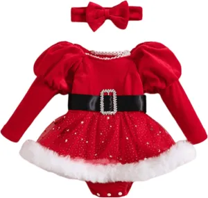 Baby Girls Romper Dress Christmas Outfits Furry Trim Mesh Skirts Bodysuits Headband Velvet (Red, 12-18 Months)