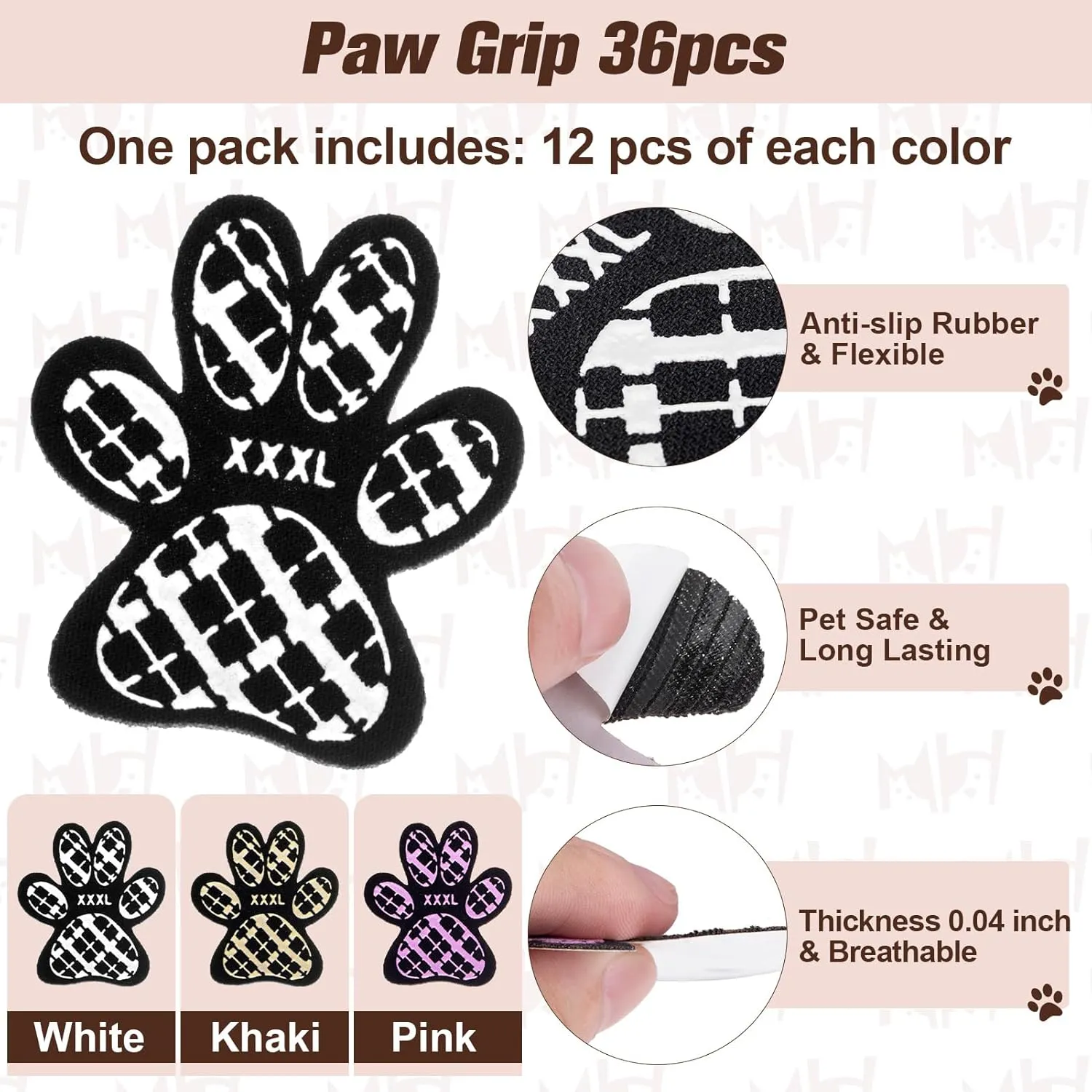 BEAUTYZOO Dog Paw Protector for Hot Pavement, Anti-Slip Paw Grips for Senior Dogs, Paw Stickers Traction Pad for Dogs Feet on Hardwood Floor, Dog Shoes Boots Socks Replacement, 12 Sets (36 pcs) M