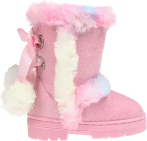 bebe Toddler Girl's Mid-Calf Microsuede Winter Boots with Faux Fur Trim and Sparkly Rhinestone Eyelets (6, Pink Multi)