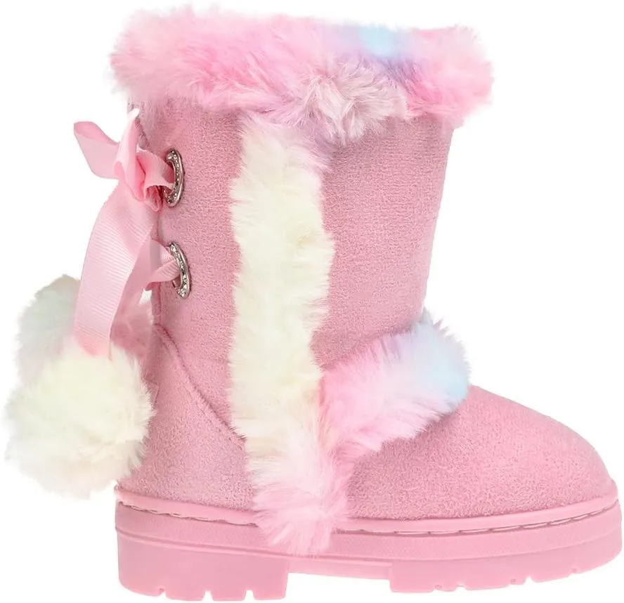 bebe Toddler Girl's Mid-Calf Microsuede Winter Boots with Faux Fur Trim and Sparkly Rhinestone Eyelets (6, Pink Multi)