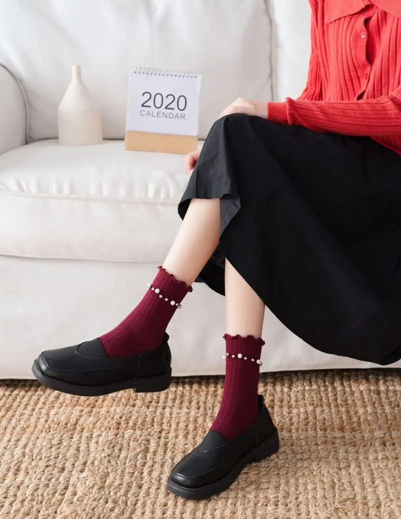 Benefeet Sox Womens Girls Ruffle Crew Socks Novelty Cute Frilly Dress Socks Cotton Lettuce Trim Turn-Cuff High Ankle Sock