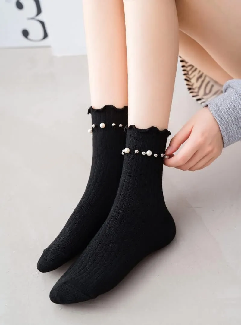 Benefeet Sox Womens Girls Ruffle Crew Socks Novelty Cute Frilly Dress Socks Cotton Lettuce Trim Turn-Cuff High Ankle Sock