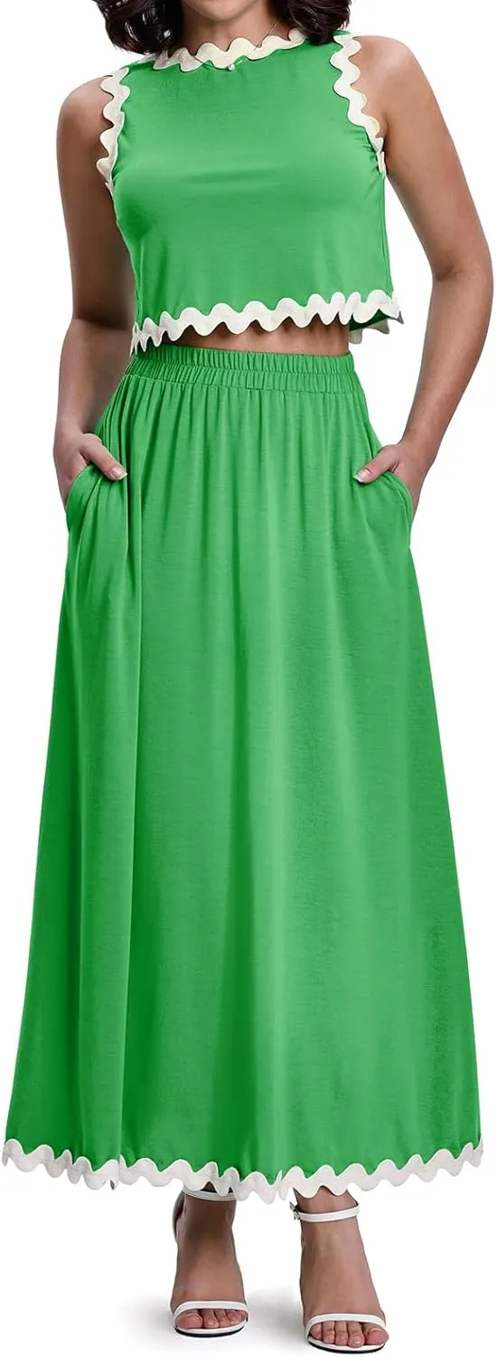 BLEVONH Womens 2 Piece Outfits Dressy Casual Summer Crop Tops Ric Rac Trim High Waisted Maxi Skirt Set with Pocket