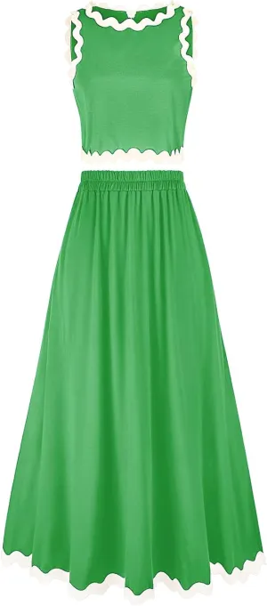 BLEVONH Womens 2 Piece Outfits Dressy Casual Summer Crop Tops Ric Rac Trim High Waisted Maxi Skirt Set with Pocket