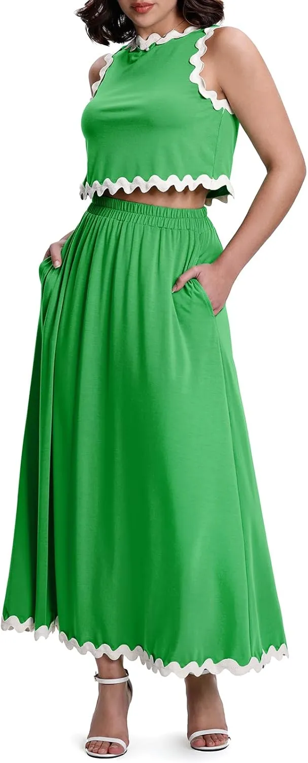 BLEVONH Womens 2 Piece Outfits Dressy Casual Summer Crop Tops Ric Rac Trim High Waisted Maxi Skirt Set with Pocket