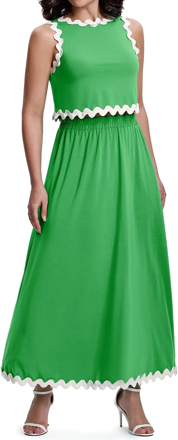 BLEVONH Womens 2 Piece Outfits Dressy Casual Summer Crop Tops Ric Rac Trim High Waisted Maxi Skirt Set with Pocket