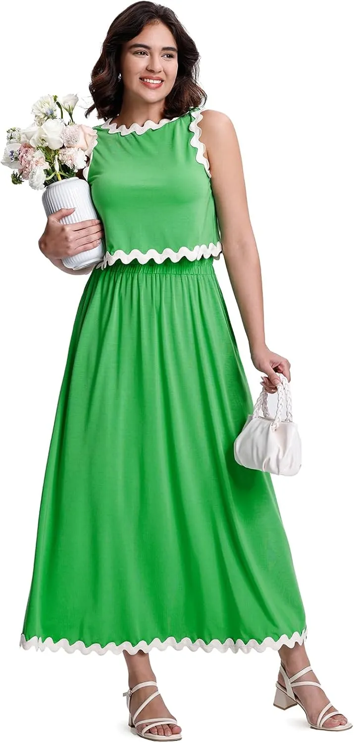 BLEVONH Womens 2 Piece Outfits Dressy Casual Summer Crop Tops Ric Rac Trim High Waisted Maxi Skirt Set with Pocket