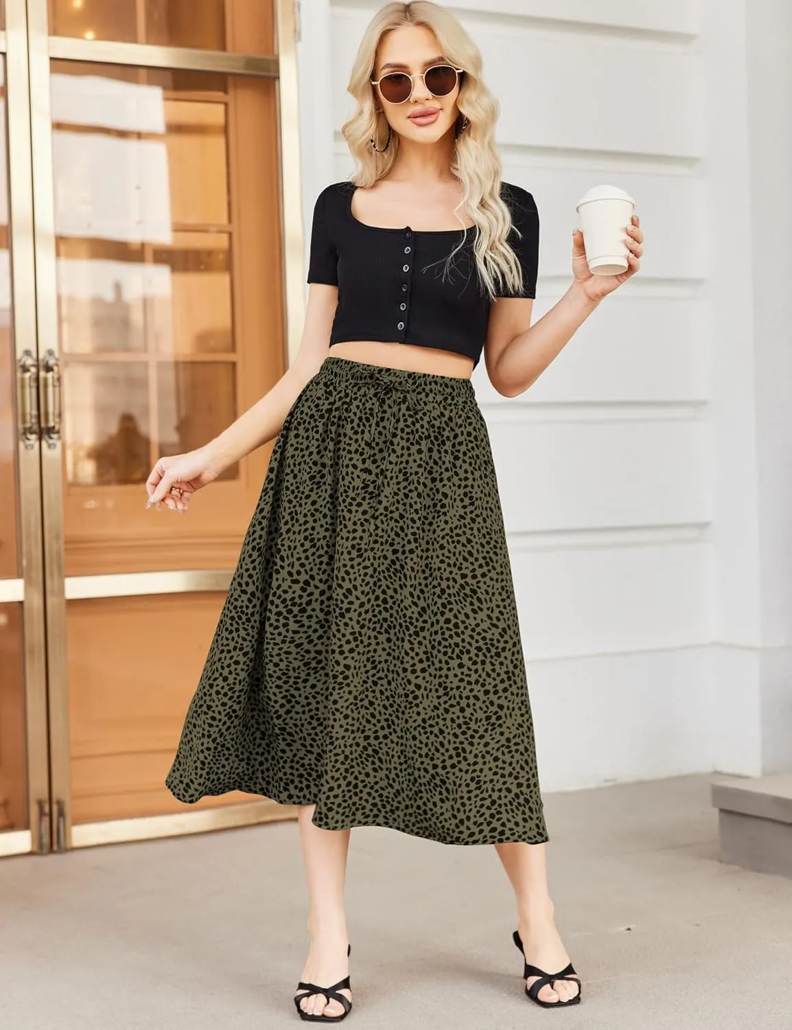 Bluetime Women Floral Print Midi Skirt Summer Beach Pleated Elastic High Waisted A Line Skirt