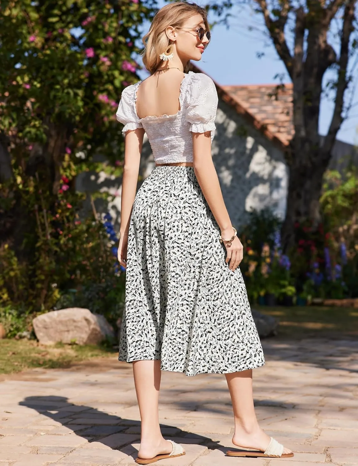 Bluetime Women Floral Print Midi Skirt Summer Beach Pleated Elastic High Waisted A Line Skirt