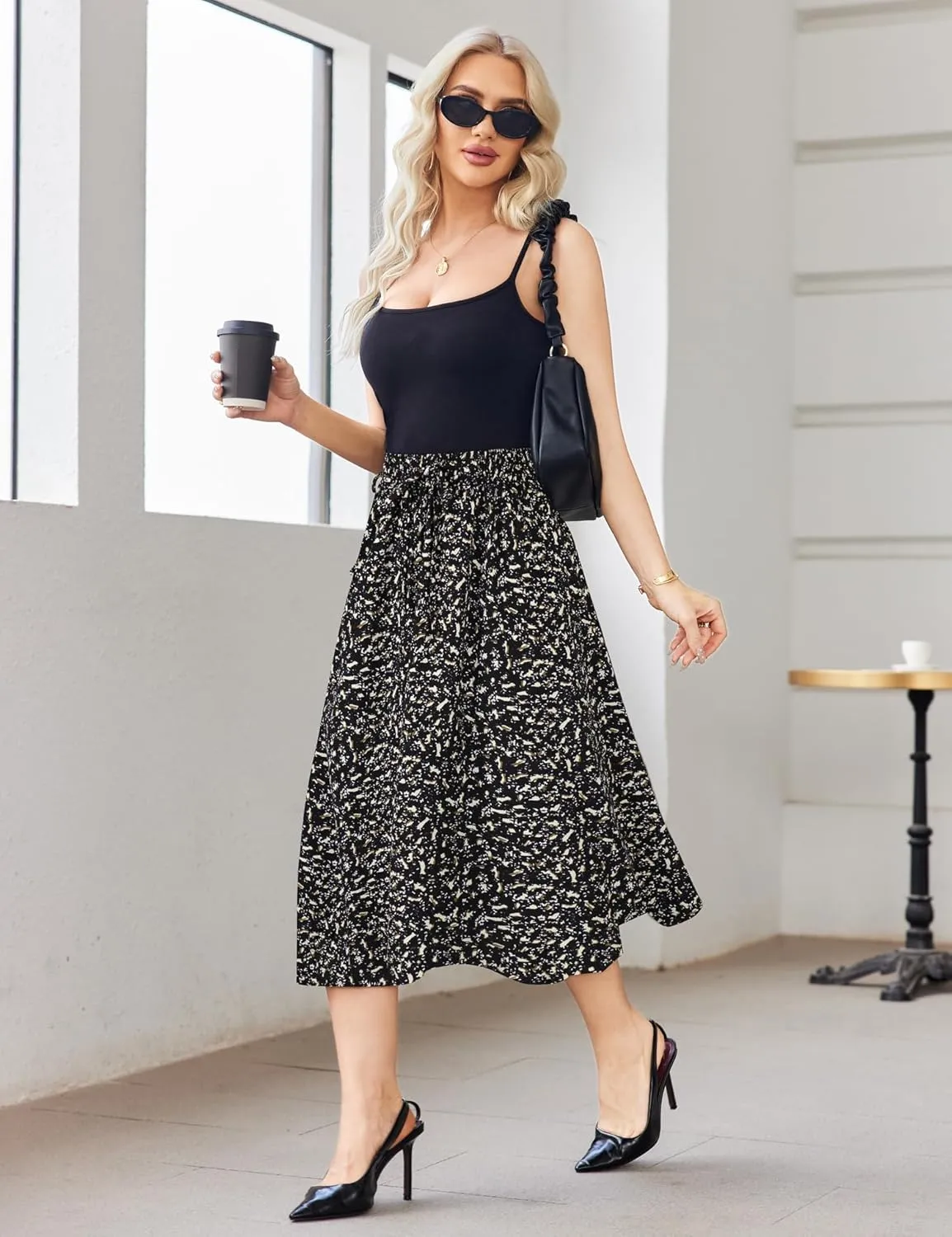 Bluetime Women Floral Print Midi Skirt Summer Beach Pleated Elastic High Waisted A Line Skirt
