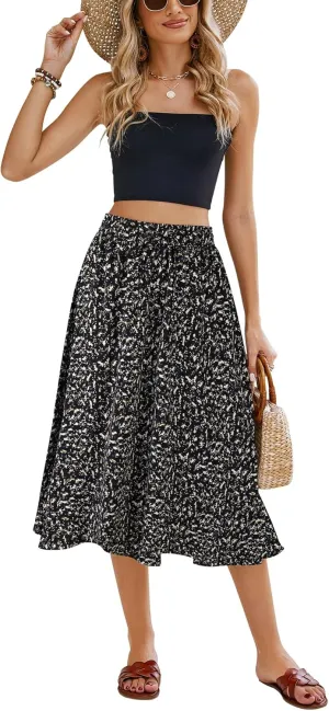Bluetime Women Floral Print Midi Skirt Summer Beach Pleated Elastic High Waisted A Line Skirt