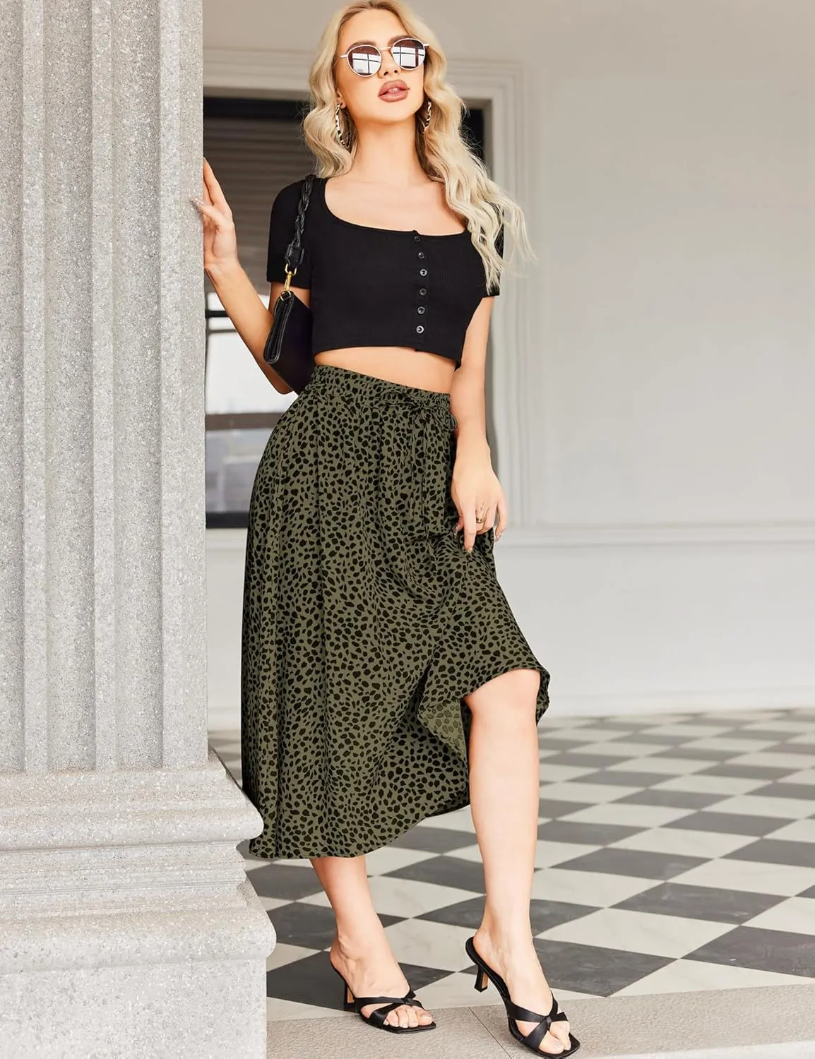 Bluetime Women Floral Print Midi Skirt Summer Beach Pleated Elastic High Waisted A Line Skirt