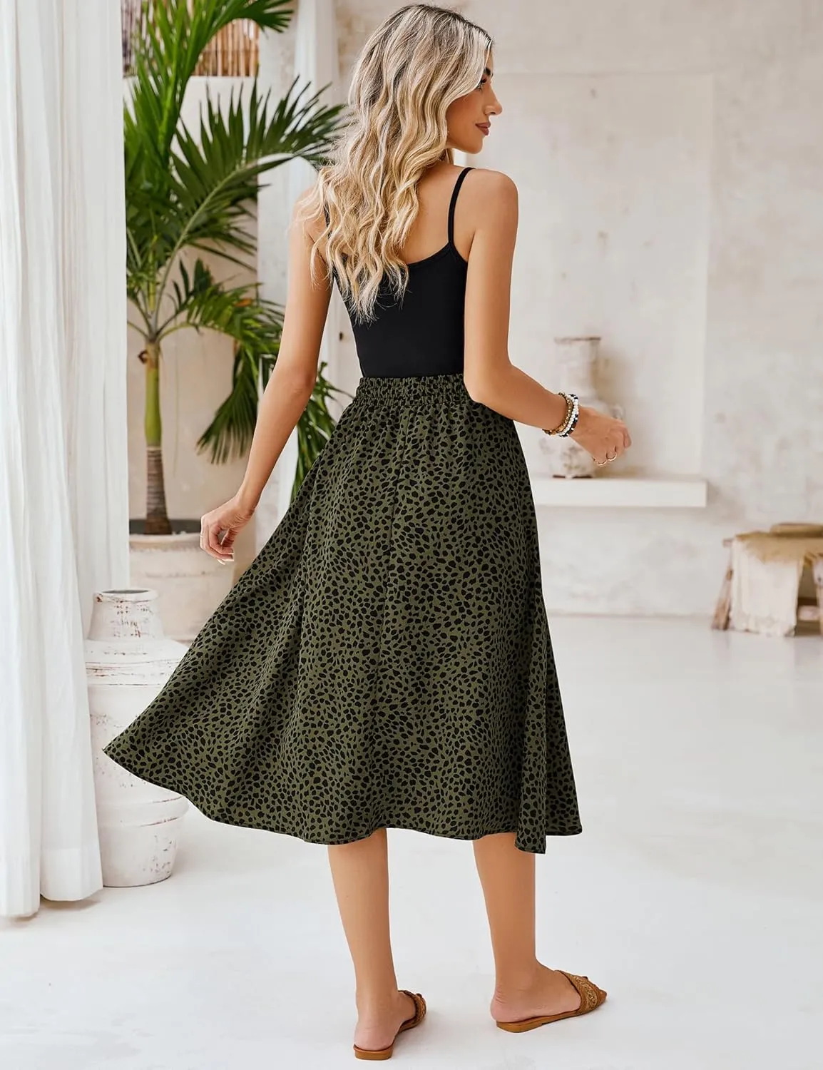 Bluetime Women Floral Print Midi Skirt Summer Beach Pleated Elastic High Waisted A Line Skirt