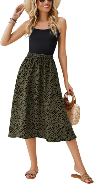 Bluetime Women Floral Print Midi Skirt Summer Beach Pleated Elastic High Waisted A Line Skirt