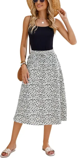 Bluetime Women Floral Print Midi Skirt Summer Beach Pleated Elastic High Waisted A Line Skirt