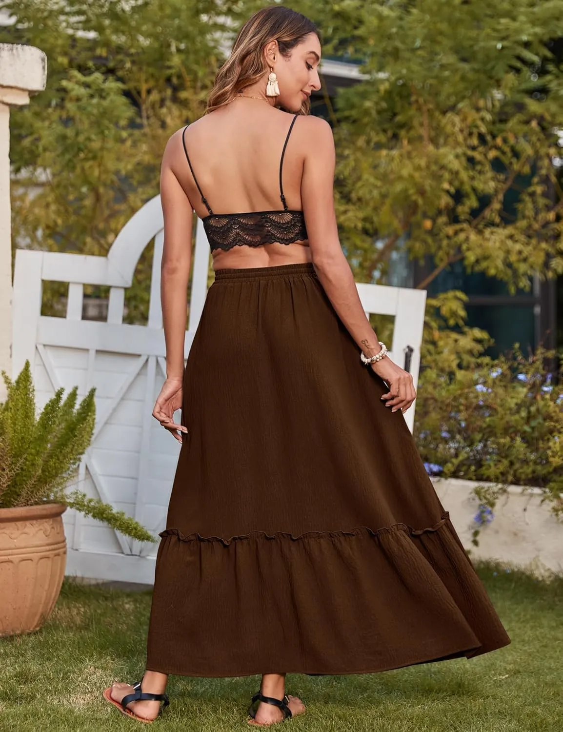 Bluetime Women Flowy Long Skirt Summer Pleated Elastic High Waisted Casual Tiered Maxi Skirt