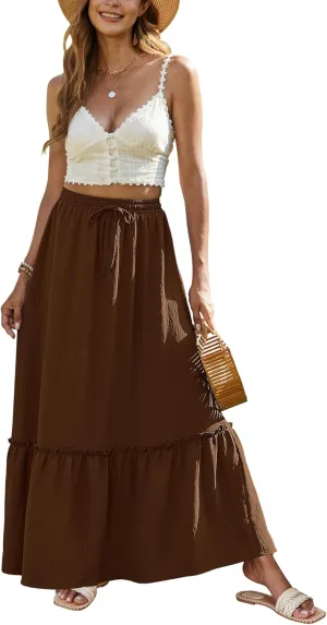 Bluetime Women Flowy Long Skirt Summer Pleated Elastic High Waisted Casual Tiered Maxi Skirt