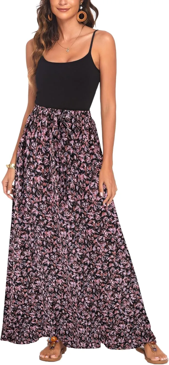 Bluetime Women Flowy Long Skirts Summer Beach Pleated Elastic High Waisted Casual Maxi Skirts