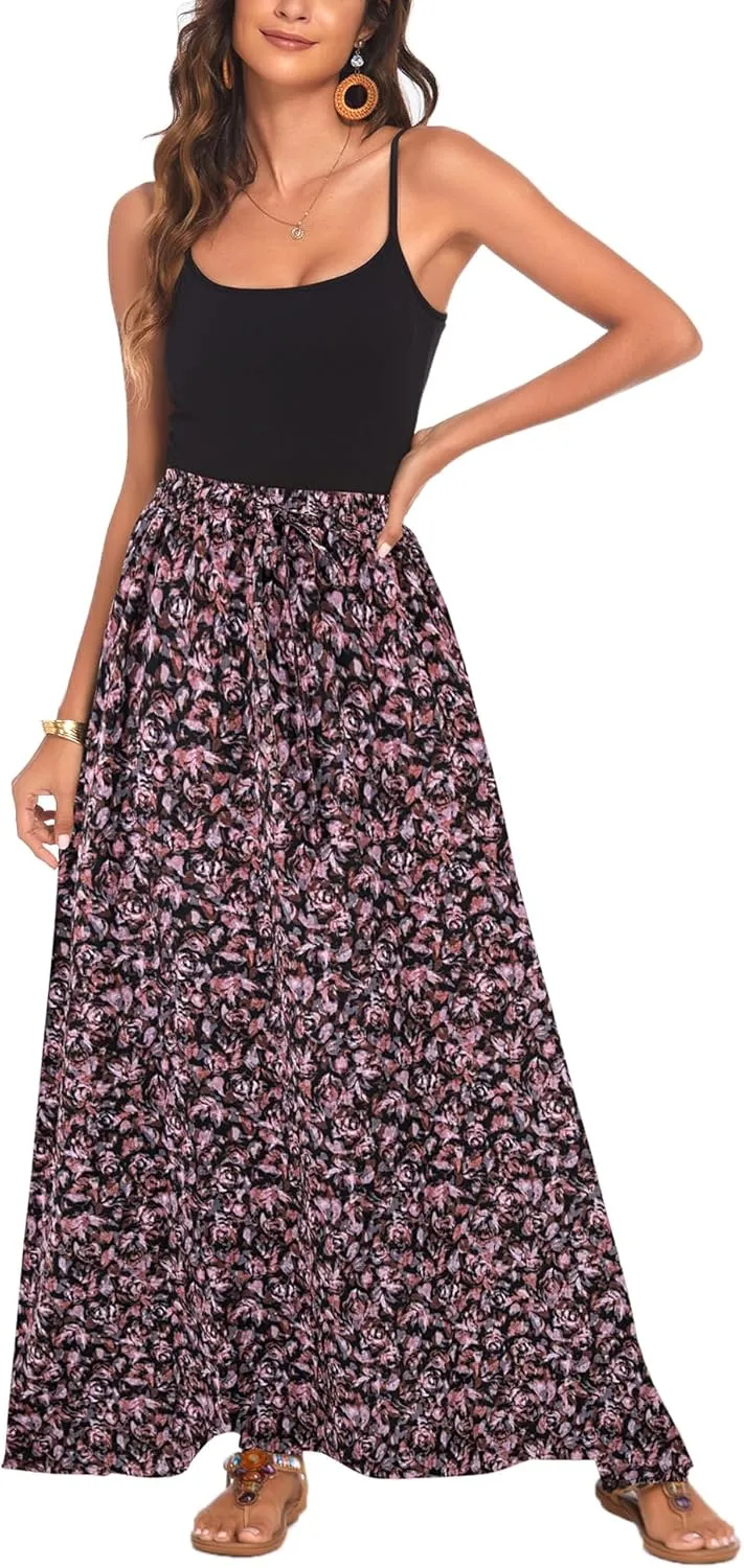Bluetime Women Flowy Long Skirts Summer Beach Pleated Elastic High Waisted Casual Maxi Skirts